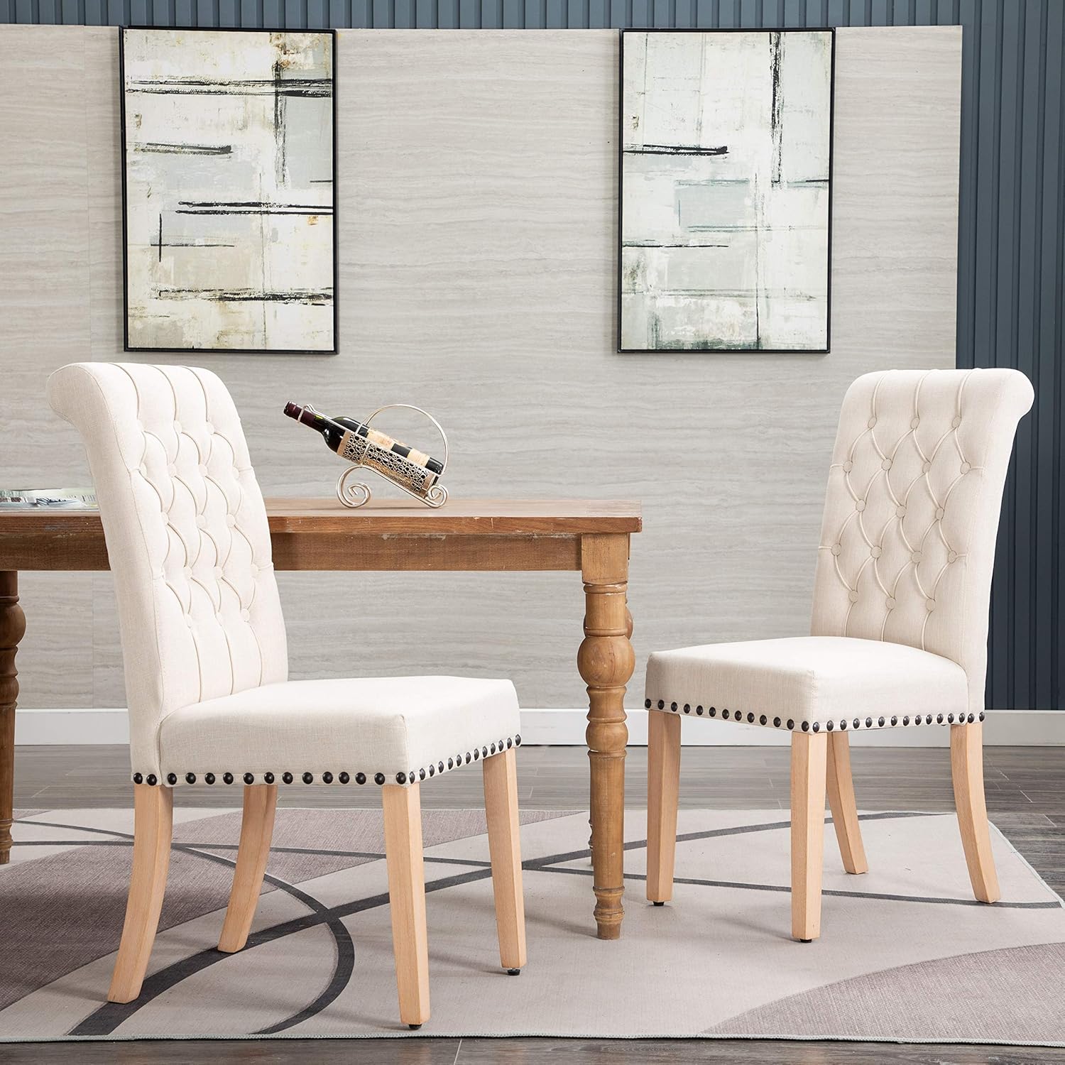 Luxuriour Fabric Dining Chairs, Pekko Kitchen Room with Copper Nails and Solid Wood Legs Set of 2 (Beige+A) - Chairs