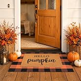 Fall Decor Door Mat Combo Set, 100% Coco Coir Welcome Mat + 28 x 43 Inches Orange and Black Plaid Rug- Fall Thanksgiving Front Porch Entryway Floor Doormat, Indoor Outdoor Autumn Mats Hello Pumpkin