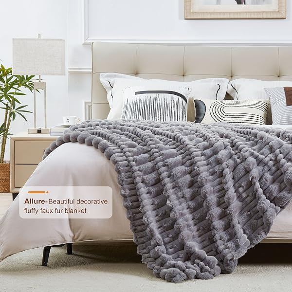 JONIYEAR OVERSIZED SOFT FLUFFY STRIPED FAUX RABBIT FUR BLANKET TWIN SIZE 60″ X 70″, DECORATIVE 3D GEOMETRIC LARGE WARM FUZZY FUR BLANKETS FOR WINTER, REVERSIBLE SHAGGY FURRY BLANKET FOR BED, DARK GREY