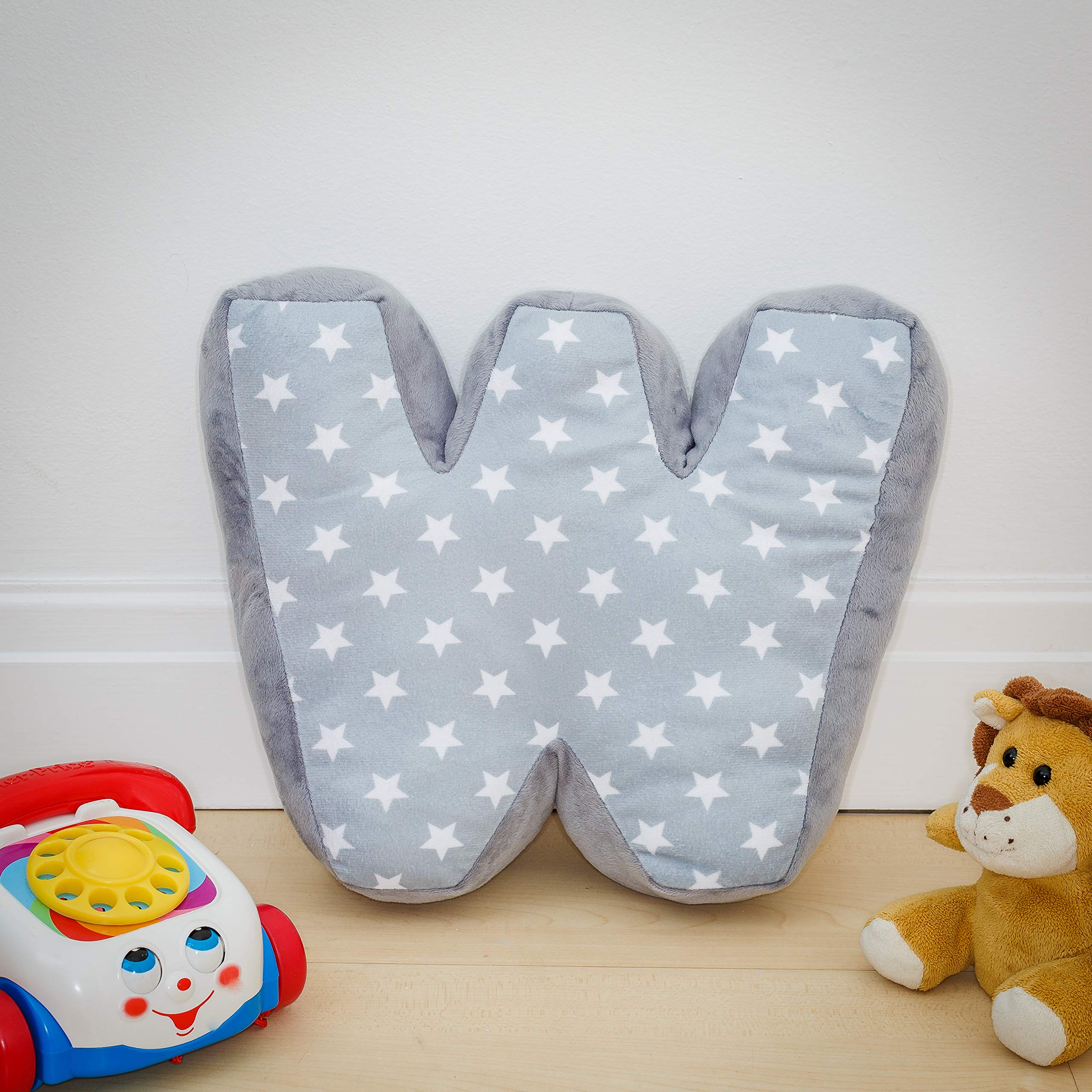 Alphabet Cushion W | Letter Pillow W | Decorative Nursery Bedroom Sofa Couch | Letter Shape | Personalised Initial | Grey Stars | Wedding Christening Gift