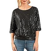 PrettyGuide Women's Sparkle Sequin Top Cut Out 3/4 Batwing Sleeve Loose Shimmer Glitter Party Dressy Tops