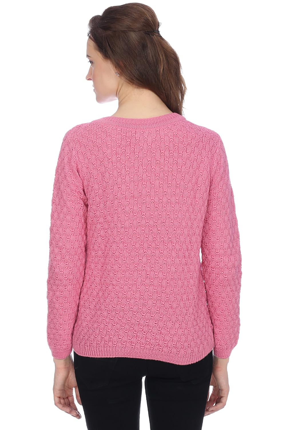 ebony twist women's round neck full sleeves pink pearl sweater