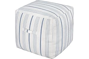 AELS Unstuffed Farmhouse Pouf Cover for Living Room, Storage Bean Bag Cubes, Off White & Navy Stripes Linen Square Ottoman Pouf Foot Rest Footstool, 18"x18"x18", Cover ONLY