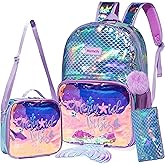 Meetbelify Kids Backpack for Gilrs School Mermaid Backpacks with Lunch Box for Elementary Kindergarten Cute 4 in 1 Bookbag for Girls