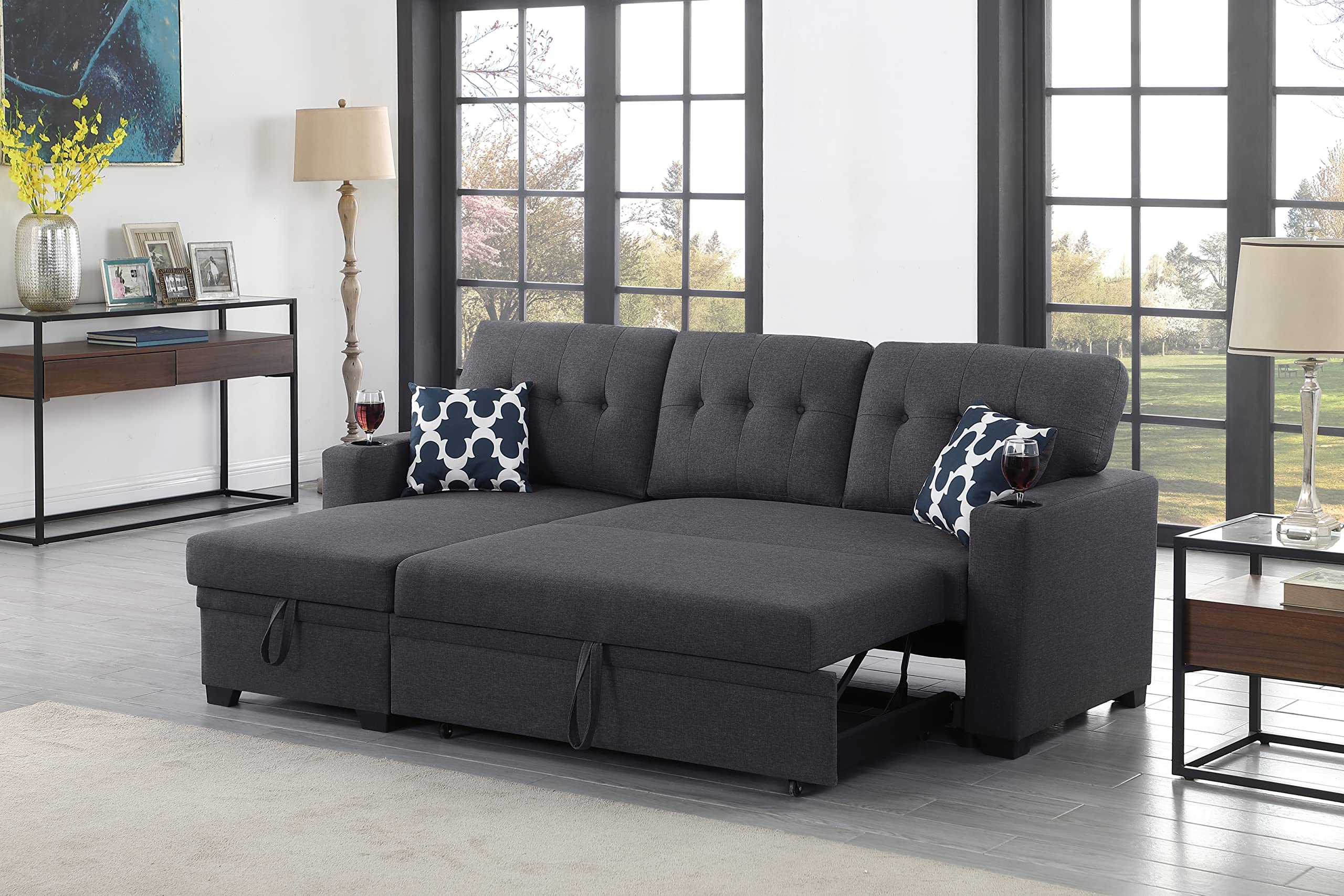 Topeakmart Reversible L-Shaped Sectional Sofa Bed – Pull Out Couch W/ Chaise, USB, Storage
