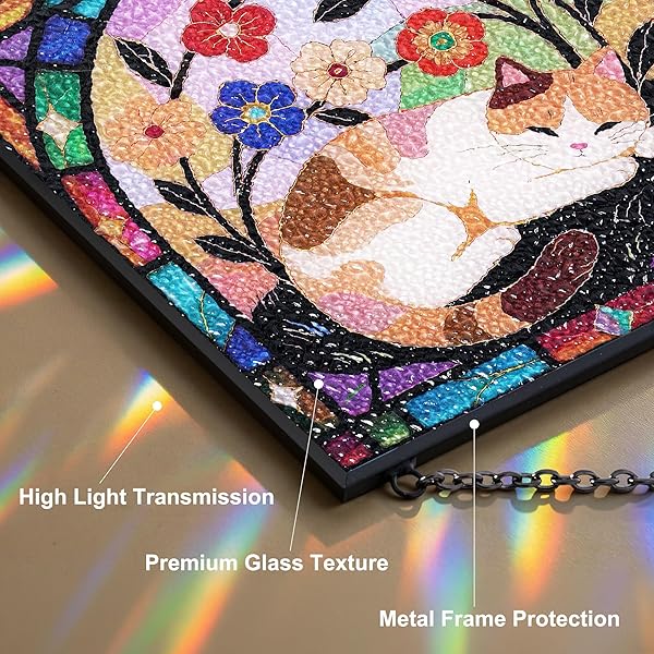 CAT STAINED GLASS WINDOW HANGING, 7.9″ SQUARE SUNCATCHER WITH CHAIN SUCTION CUP, CUTE KITTEN SUN CATCHERS INDOOR WINDOW, COLORFUL CAT DECOR FOR WALL, PORCH, BIRTHDAY, SLEEPY CALICO