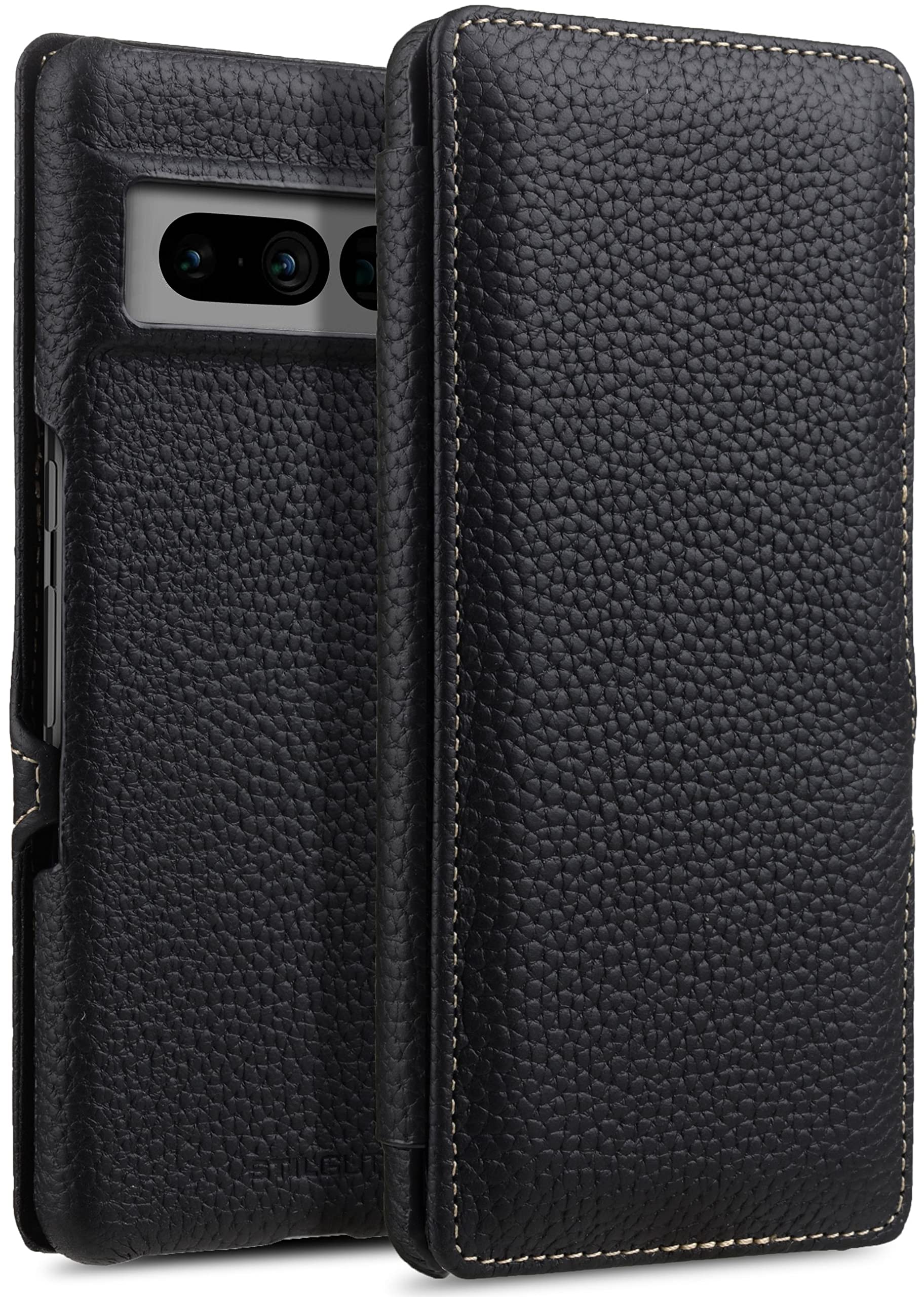 STILGUT Book Case Compatible with Google Pixel 7 Pro Leather Case with Clip Closure, Leather Case, Flip Case, Mobile Phone Case - Black