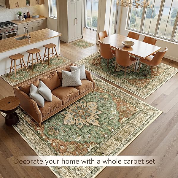 RELEANY AREA RUGS 9’X12′ WASHABLE NON-SLIP, FLORAL VINTAGE DISTRESS PRINT PATTERN MEDALLION CARPET FOR LIVING ROOM BEDROOM DINING ROOM, BRICK RED RUST NEUTRAL BROWN BURNT ORANGE GREEN