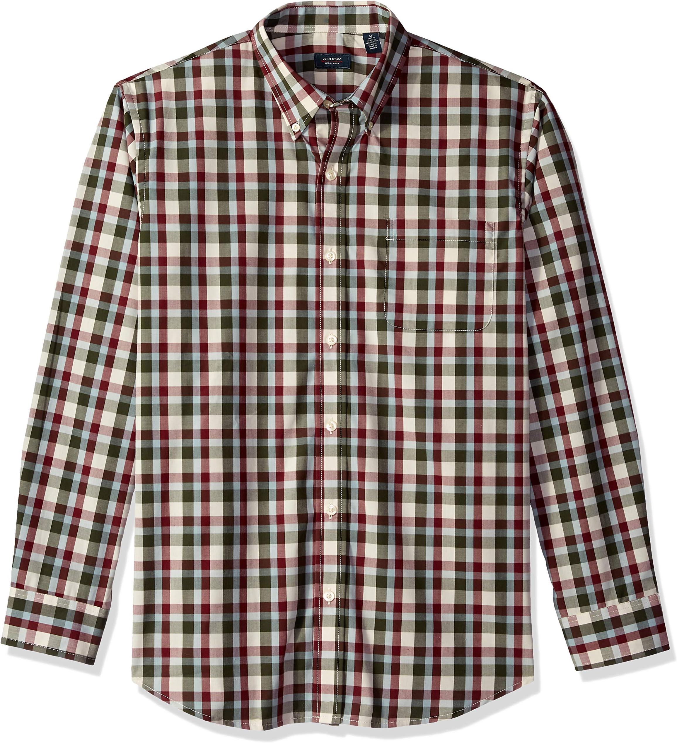 Arrow 1851 Men's Hamilton Poplins Long Sleeve Button Down Plaid Shirt, Rosin, Medium
