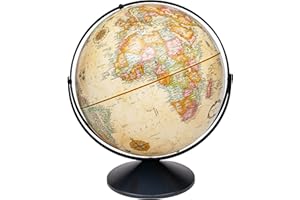 Replogle Eureka 16 inch desktop globe with up to date antique raised relief map and full swing gyromatic assembly. The beautiful antique color globe ball and vast amount of up-to-date information will peak the interest of any geographical connoisseur of all ages. This sturdy globe features over 4000 place names and political boundaries.