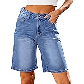 luvamia Bermuda Jean Shorts for Women High Waisted Trendy Stretchy Denim Shorts Knee Length Cutoff Loose Fit Long Shorts
