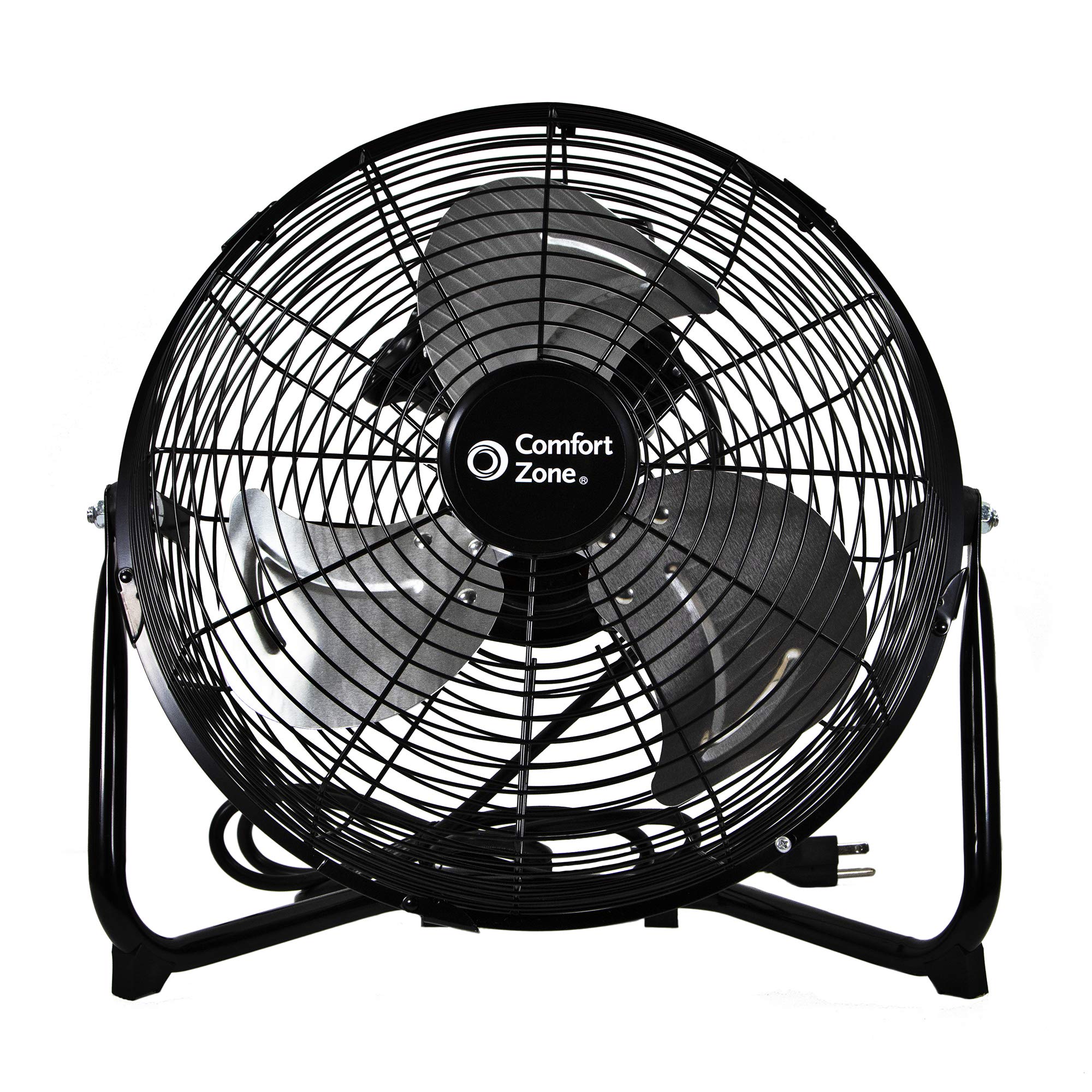 Comfort Zone 12 inch Cradle Fan, 3 Speed Floor or Table Fan with180 Degree Tilt, Metal Construction and Aluminum Blades, Carry Handle, Rubber Feet, Ideal for Bedroom, Workshop, or Garage, Black