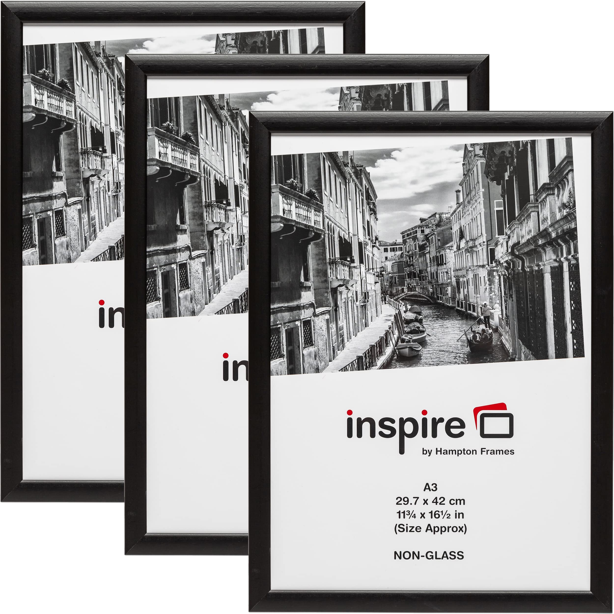 Hampton Frames BLACKWOOD A3 (30x42cm) Black Poster Frame Acrylic (Non-Glass) Front Pack of 3