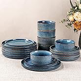 GBHOME 18-Piece Stoneware Dinnerware Set for 6 – Ribbed Ceramic Plates and Bowls, Scratch-Resistant, Microwave & Dishwasher Safe, Reactive Glaze, Ceylon Blue