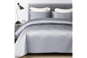 Whale Flotilla Silky Soft Satin Quilts Full/Queen Size, Luxury Reversible Lightweight Bedspreads Covelets for All Seasons, Leaf Stitched Pattern Bedding Set with Satin Pillowcases, Grey