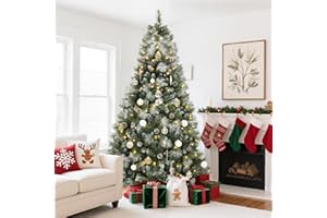 YITAHOME 7.5 FT Prelit Christmas Tree with Remote Control, Pre-Decorated Frosted Christmas Tree with Pine-Cones & Needles, Wa