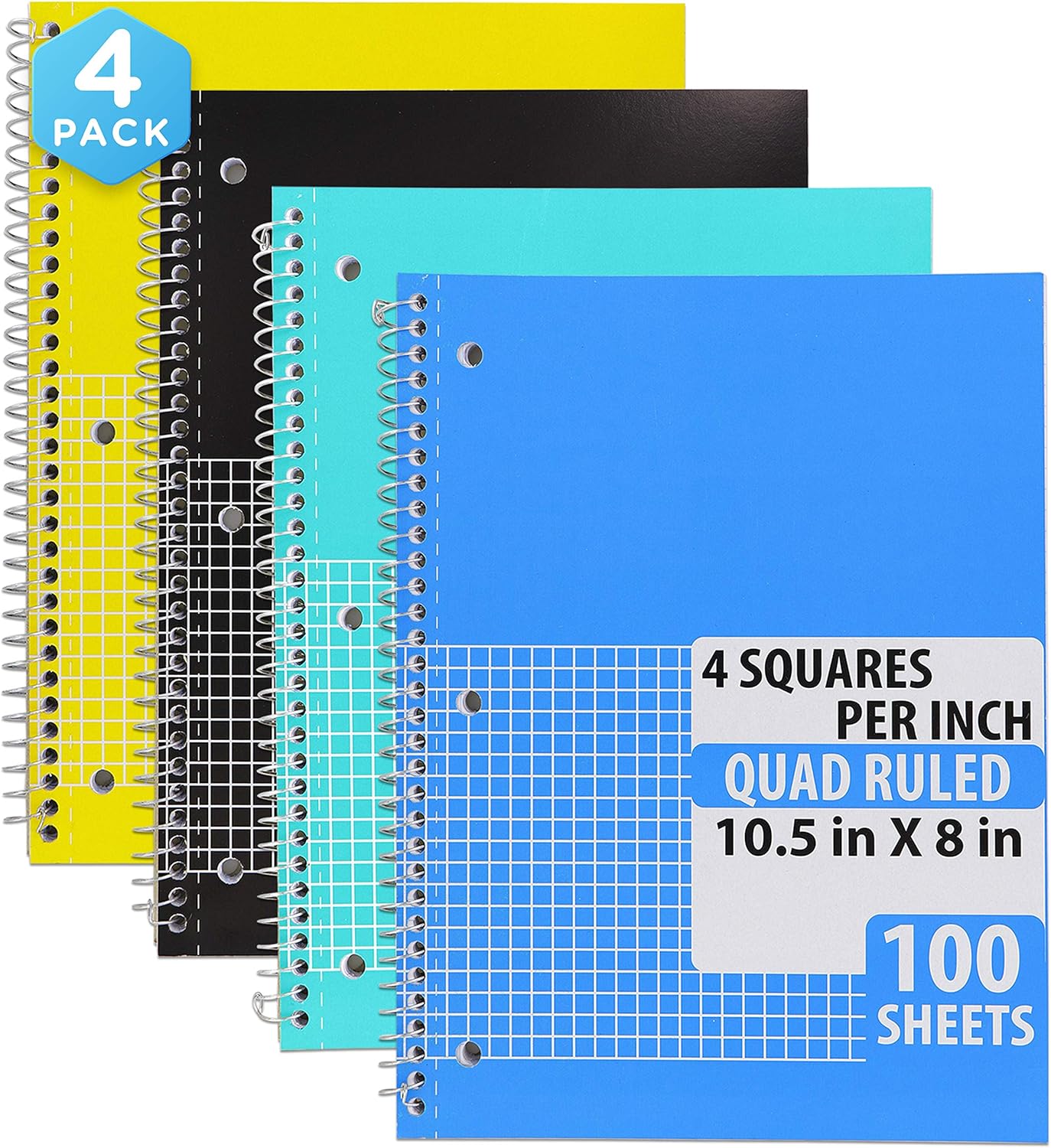 Emarw Spiral Notebooks Quad Ruled Heavy Duty White Paper 100 Sheets Assorted Colors Water Resistant Covers Protect Your Notes 3-hole punched for Ring Binder (Pack of 4) : Office Products