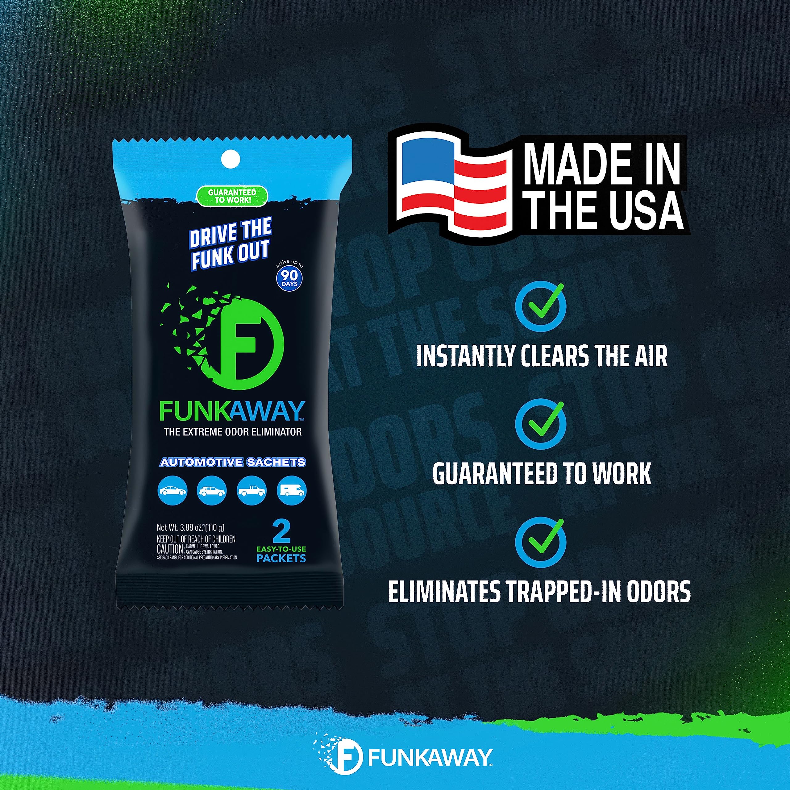 FunkAway Extreme Odor Eliminating Automotive Sachet, Odor Absorbing Packet Ideal for Glove Compartments, Consoles, Trunks & Under Seats, Fresh Smell for Up to 90 Days
