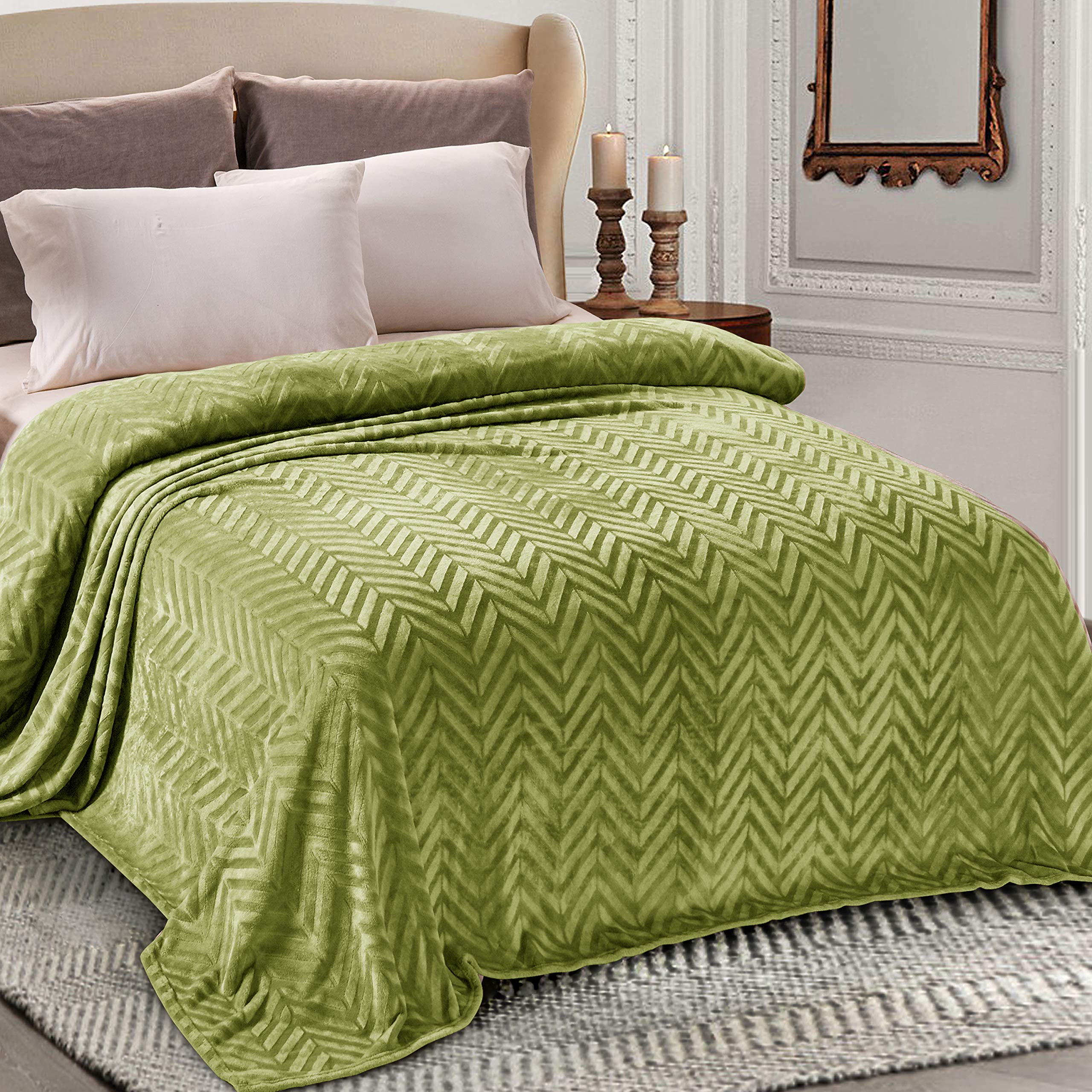Whale Flotilla Flannel Fleece Double Size Blanket for Bed, 150x200 CM Soft Fluffy Velvet Bed Blanket with Decorative Chevron Pattern for All Season, Warm and Lightweight, Olive Green