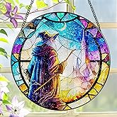 Stained Glass Window Hanging, LAOWEIKI 8'' Witch Suncatcher, Stained Glass Ornament, Suncatchers for Windows Hanging, Window Decor, Outdoor or Indoor, Gifts for Friends