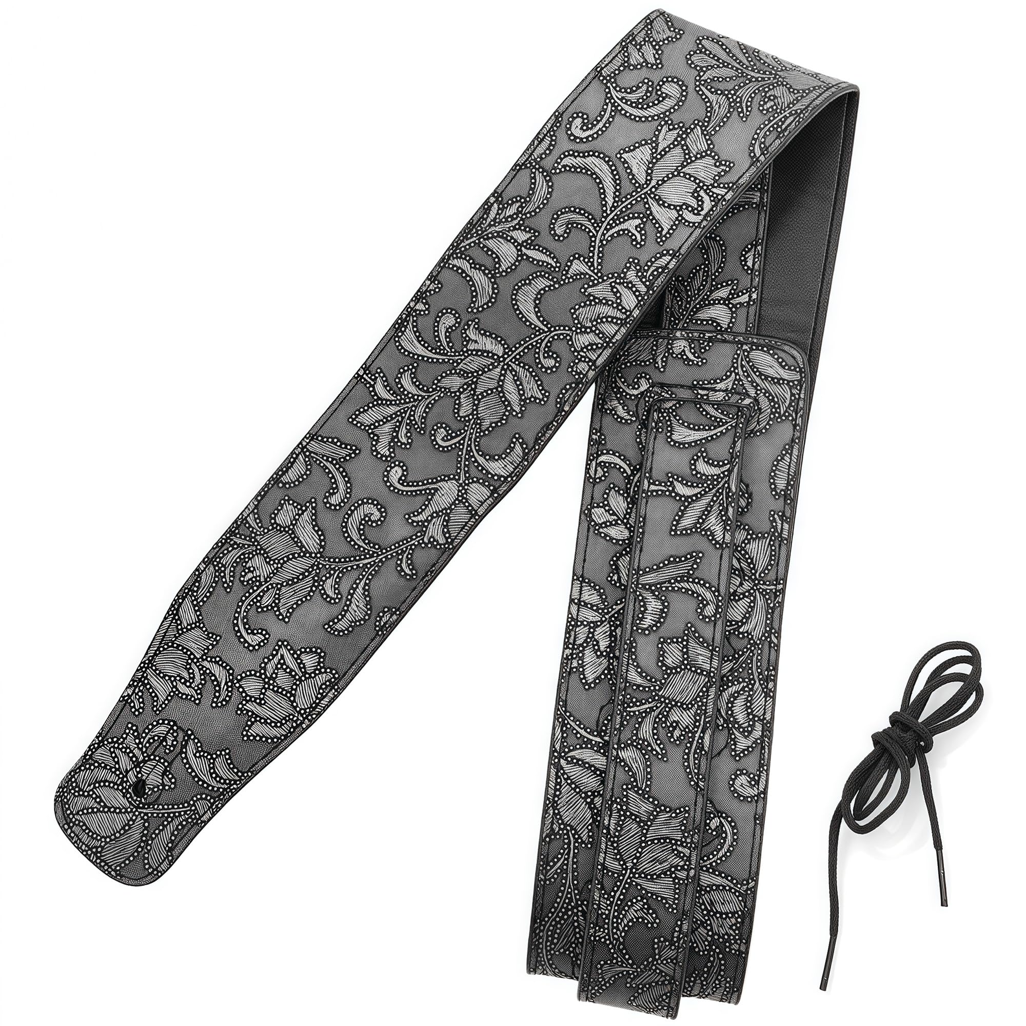 Musiin Premium Guitar Strap Classic Style Pattern Guitar Strap Set for Bass, Electric & Acoustic Guitar (Black Silver Leather)