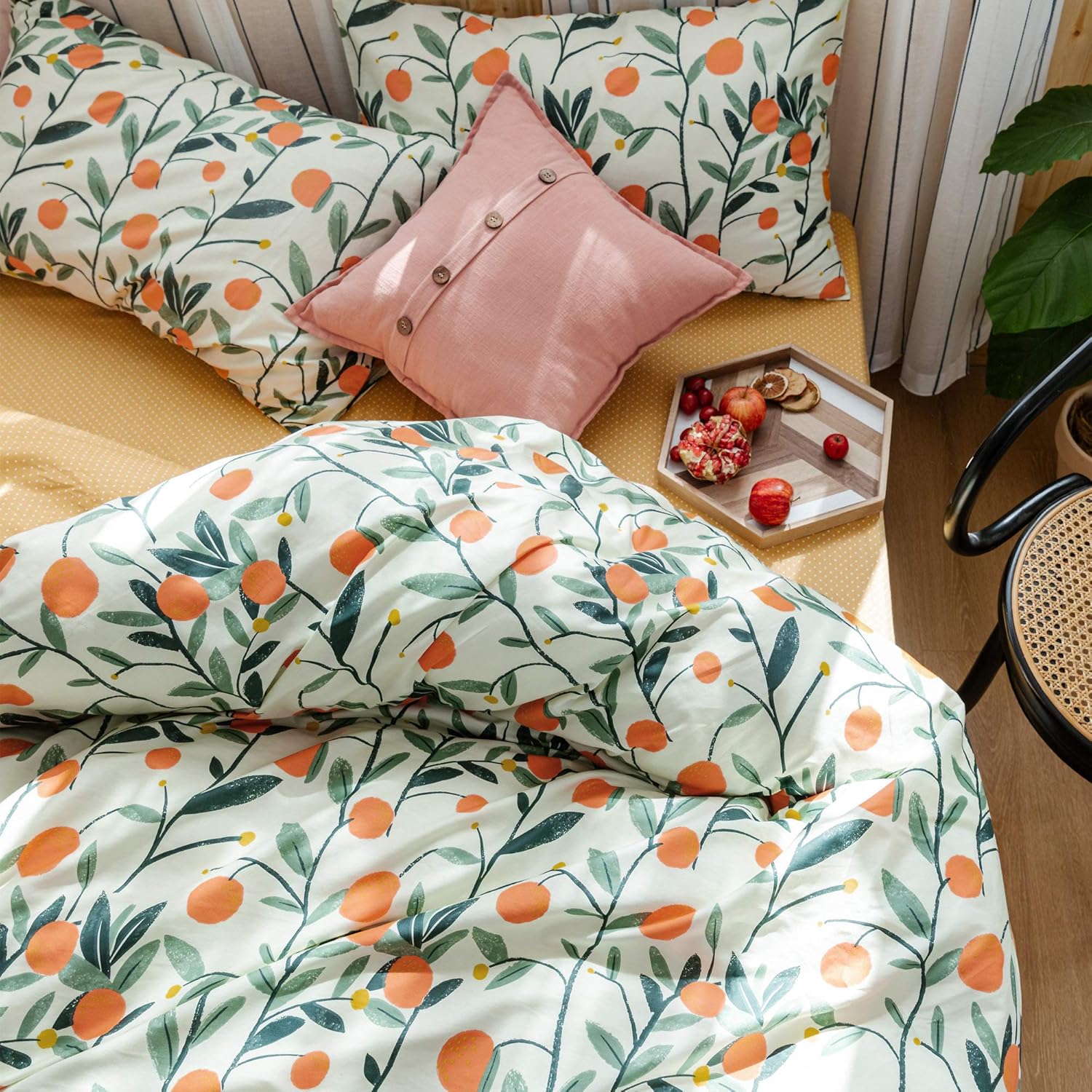 HoneiLife Duvet Cover Queen Size - 100% Cotton Comforter Cover Floral Duvet Cover Sets, Orange Duvet Cover with Zipper Closure & Corner Ties, 3pcs Wrinkle Free Comforter Cover Sets-Fruit: Home & Kitchen