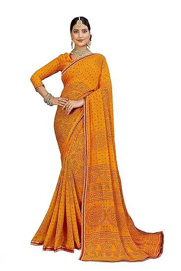Georgette Bandhani Printed Saree With Lace & Blouse