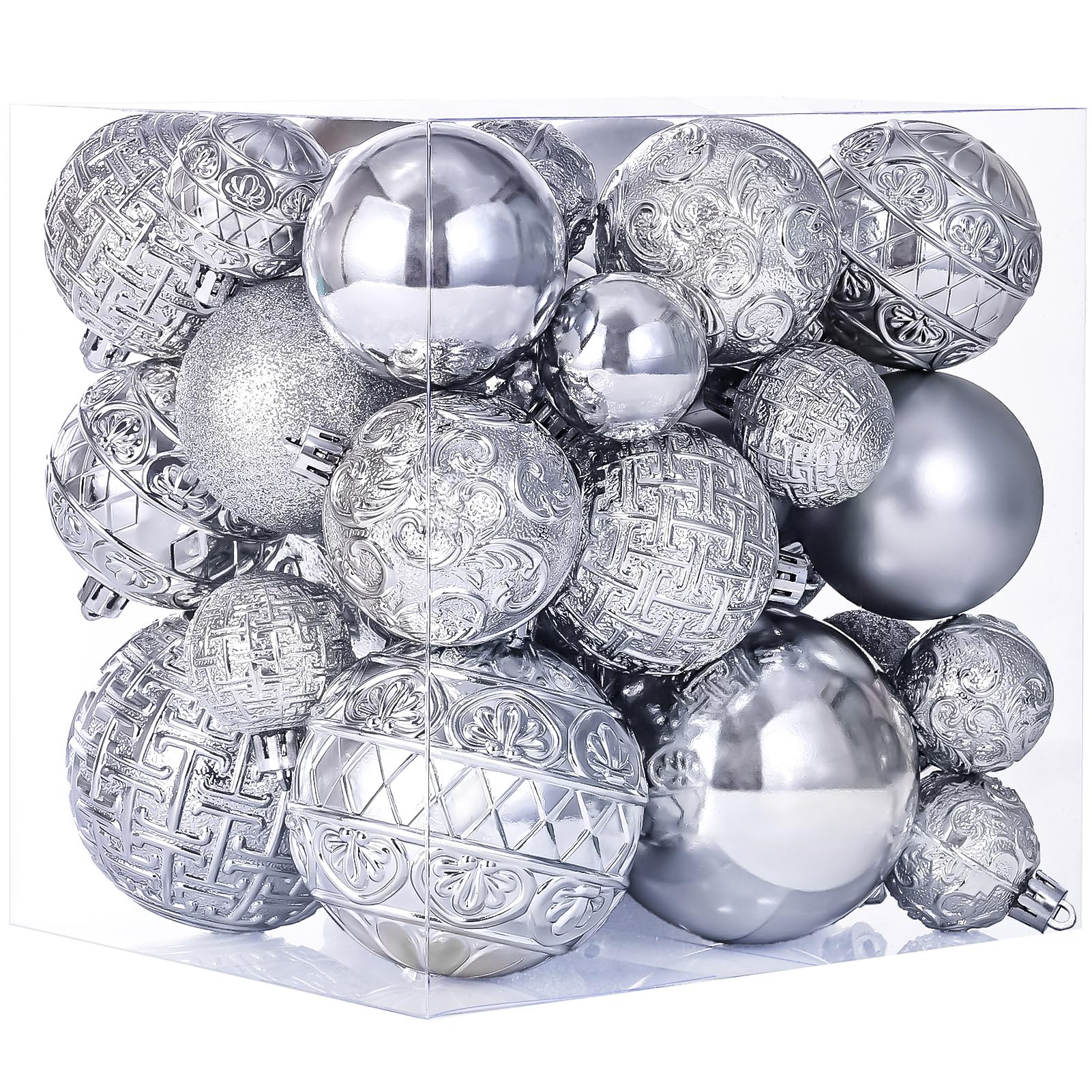 Photo 1 of 46 Pcs Silver Christmas Ball Ornaments, Shatterproof Christmas Tree Ornaments Set with Velvet Christmas Bows Decor, Vintage Xmas Decorations with Hanging Hooks in 3 Sizes(Small Medium Large)