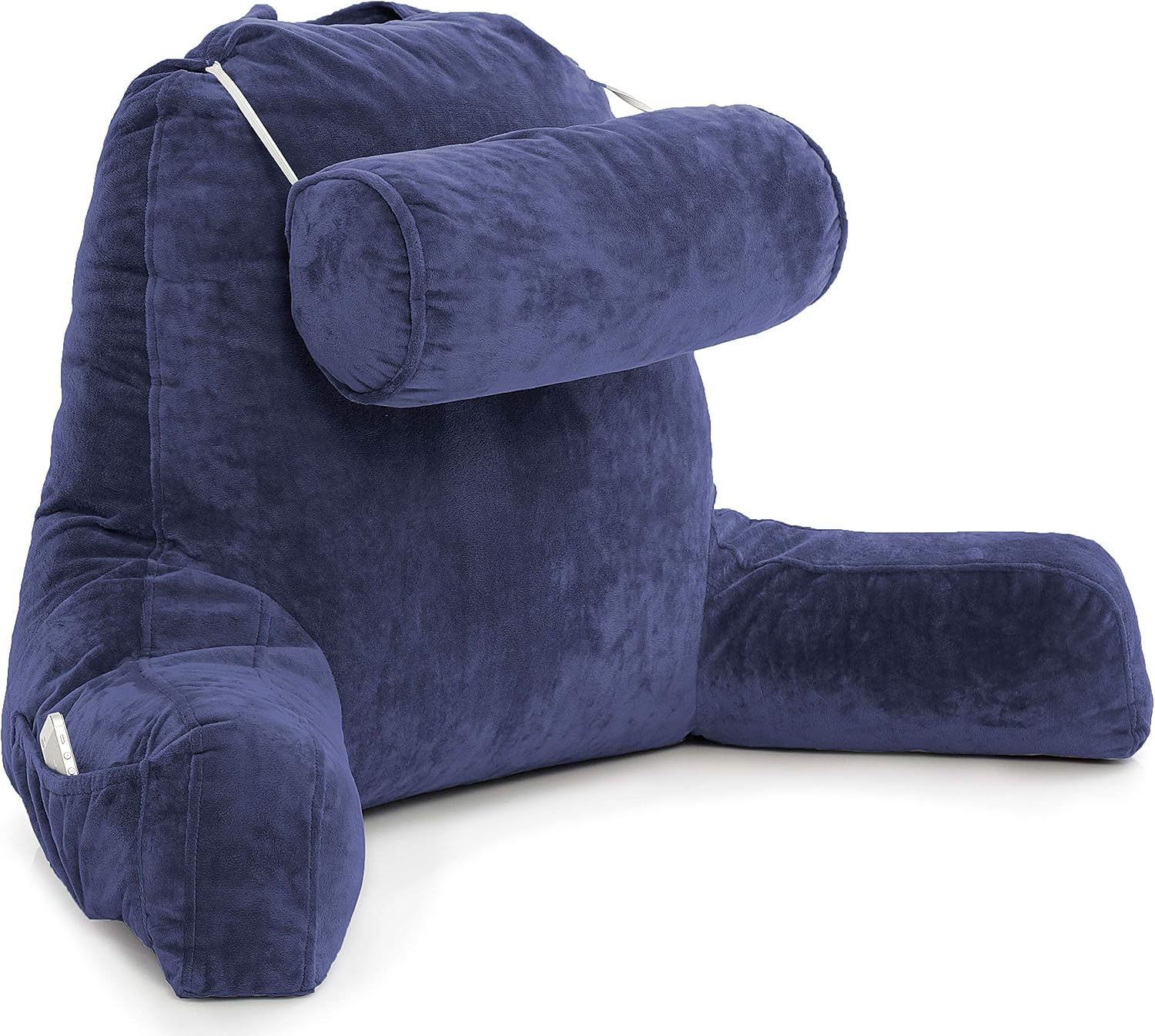 Husband Pillow - Dark Blue, Big Backrest Reading Bed Rest Pillow with Arms, Plush Memory Foam Fill, Remove Neck Roll Off Bungee, Change Covers, Zipper On Shell of Bed Chair for Adjustable Loft: Home & Kitchen