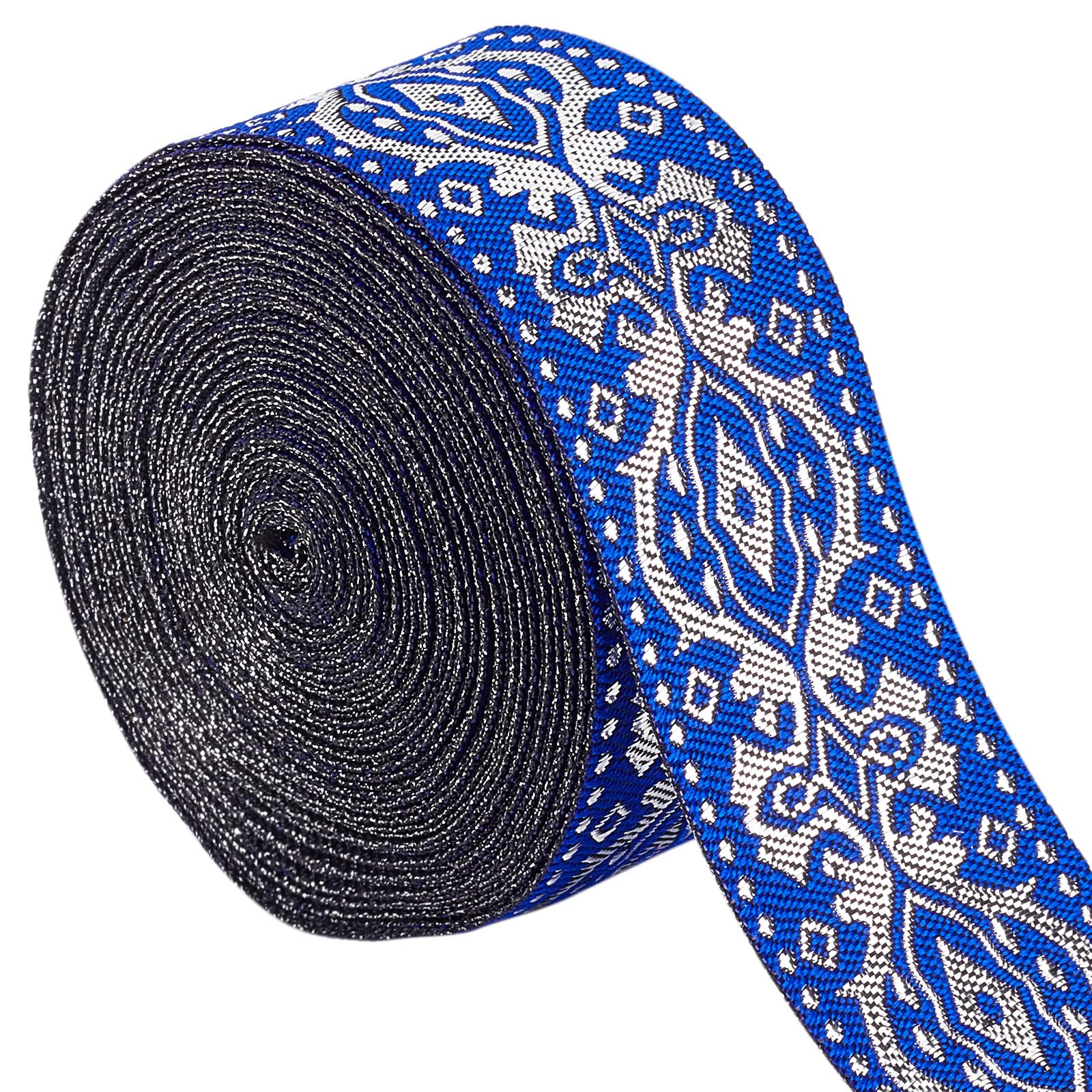 GORGECRAFT Ethnic Jacquard Ribbon 33mm Wide Double Side Blue Floral Embroidery Polyester Woven Ribbons Silver Trim Fringe Band for DIY Sewing Crafts Clothing Curtain Home Embellishment Accessories