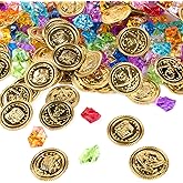 Super Z Outlet Pirate Plastic Gold Colored Coins Buried Treasure and Pirate Gems Jewelry Playset Activity Game Piece Pack Par