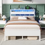 Furnulem Full Size Bed Frame with LED Light and Charging Station, Wood Storage Headboard with 2-Tier Shelves, Metal Platform Bed with Heavy Duty Slats Support, No Box Spring Needed, White