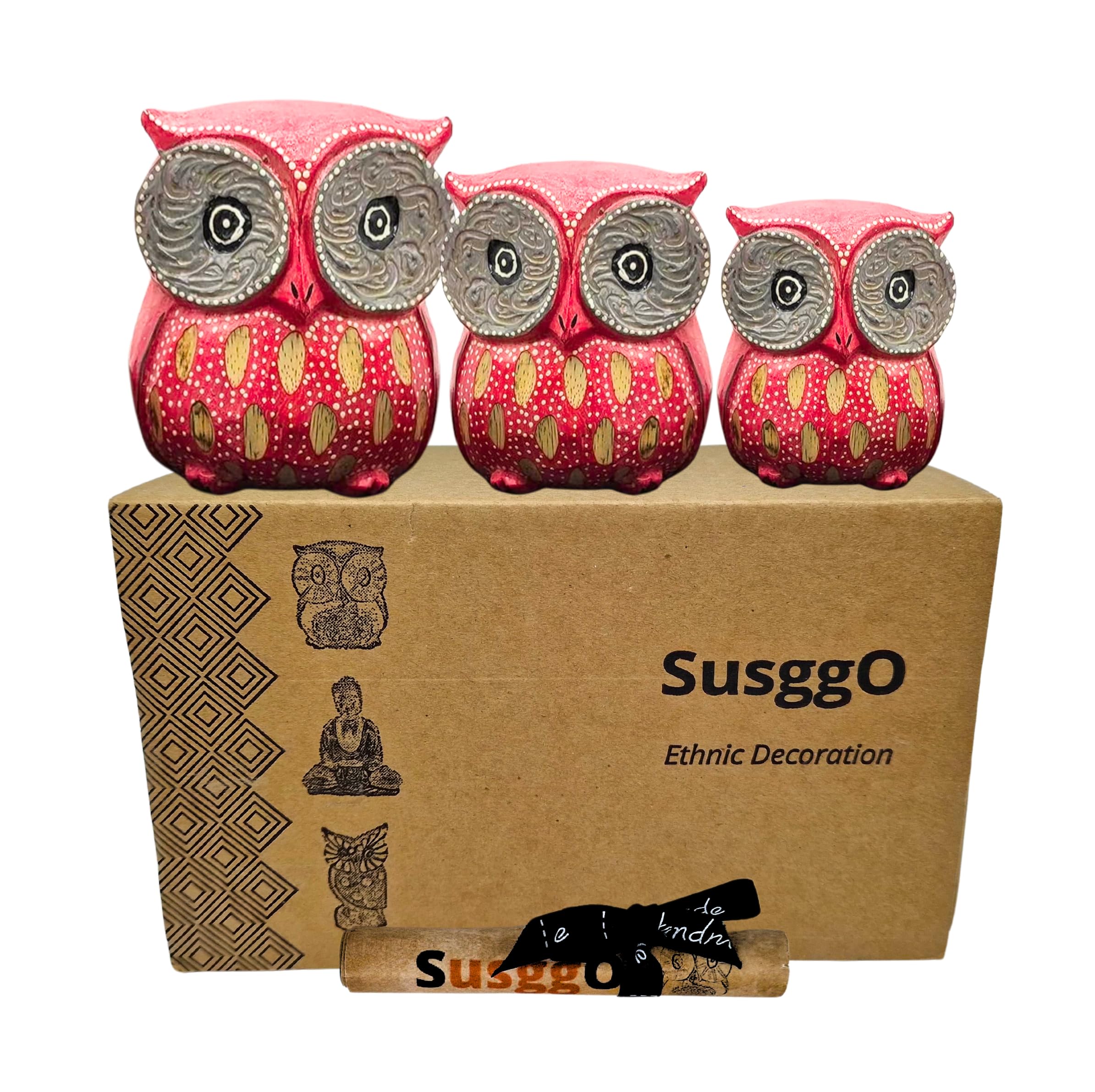 SusggO Set of 3 Wooden Owls, Decoration, Hand-Carved, Lucky Owl, Craft Idea, Furniture Ornament (Pink)