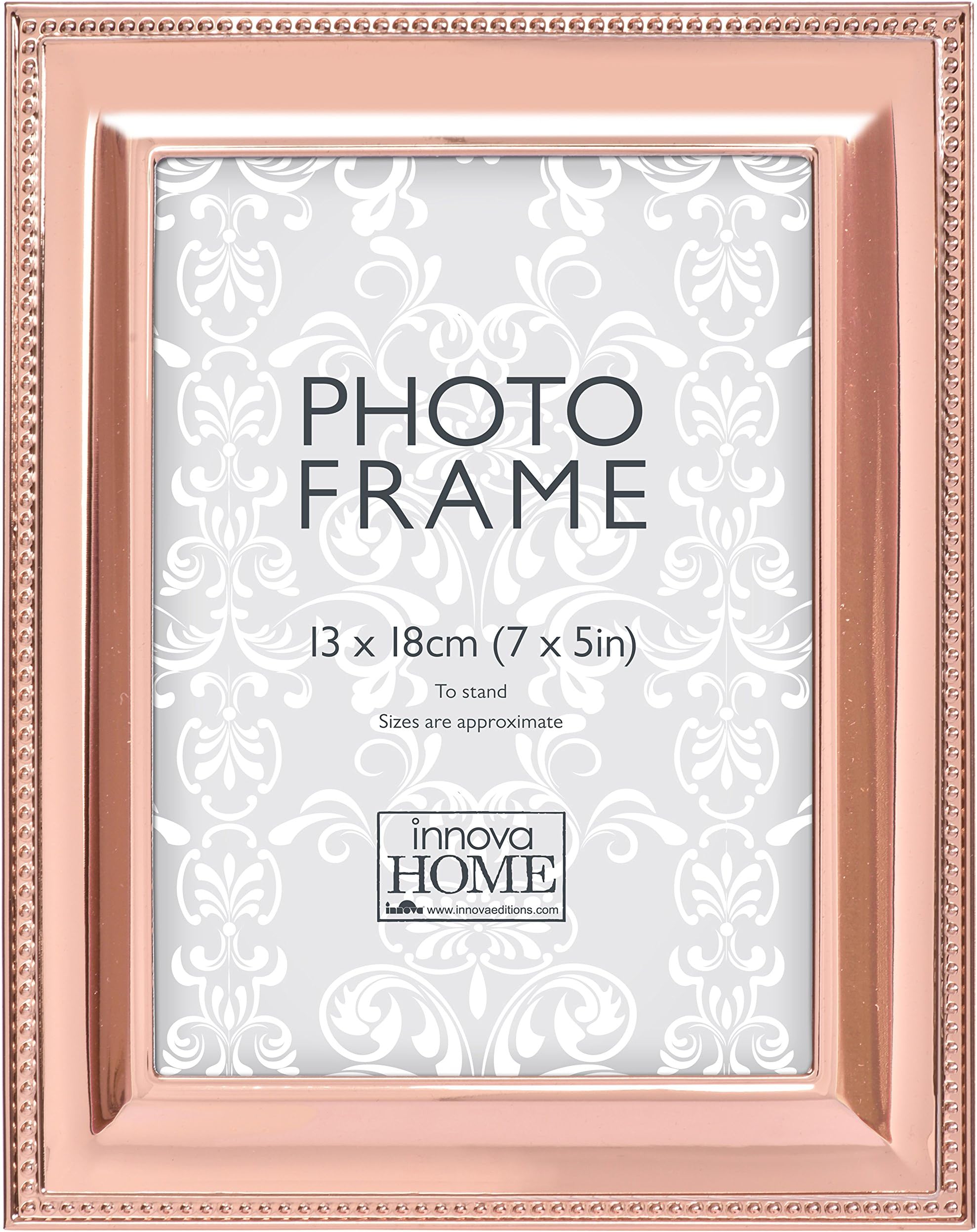 Innova Beautiful and Chic Rose Gold Metal Photo Beading Pattern around edge 7x5 (13x18cm) Stylish frame for any room. Velvet backing, 18 x 13 x 10 cm
