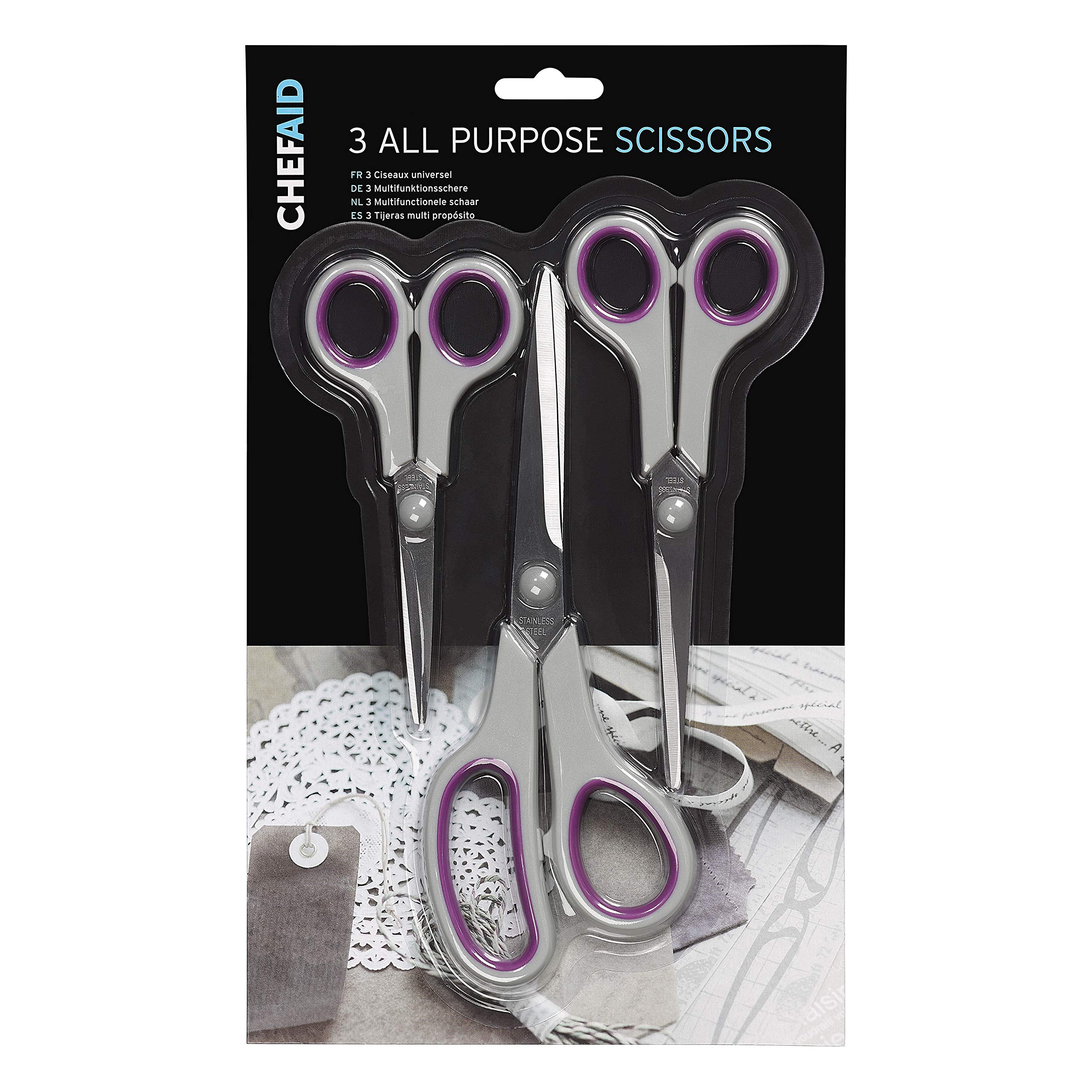 Chef Aid Scissors, Set of 3 Stainless Steel Bladed Scissors, Soft Grip, Versatile Set to be Used in and Around The Household, Office, School, College, University, Workplace, Grey Handle