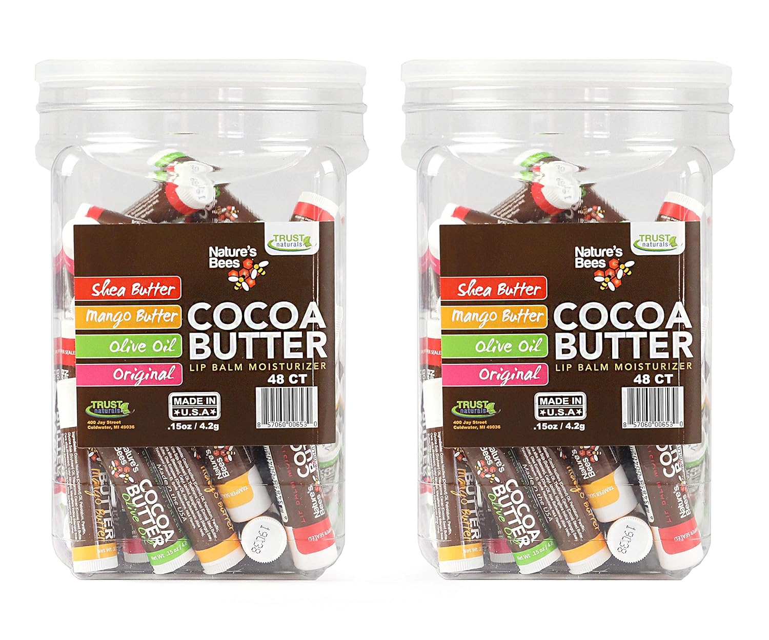 Nature's Bees, Cocoa Butter Lip Balms, Lip Moisturizer Treatment - Pack of 96, (Original Variety Assortments - Original, Olive Oil, Mango Butter, Shea Butter)