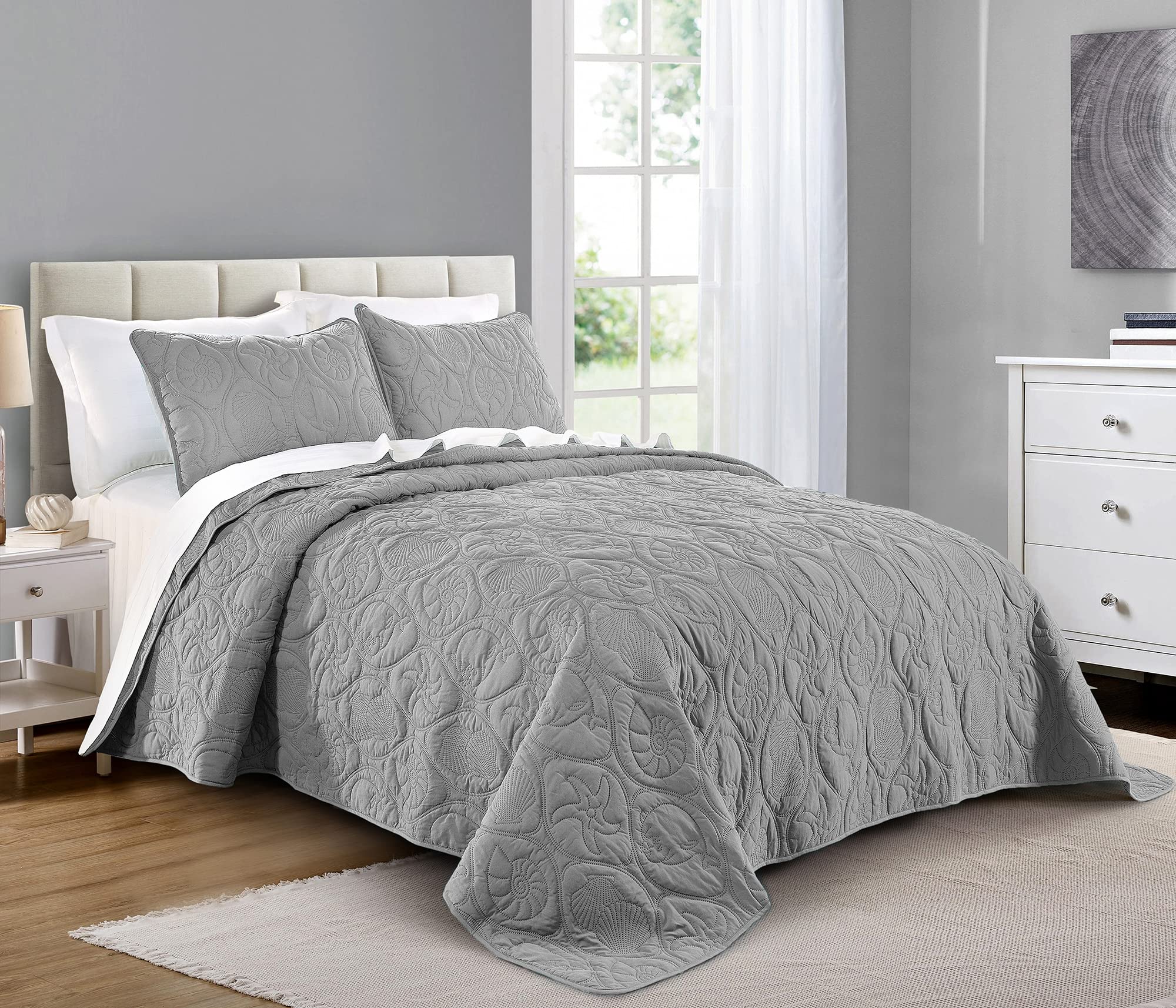 Pure Bedding Quilt Set Full/Queen Size Light Grey - Oversized Bedspread, Soft Microfiber Coverlet for All Season - Includes 1 Quilt and 2 Shams, Ocean Star Pattern Image Pure Bedding Quilt Set Full/Queen Size Light Grey - Oversized Bedspread, Soft Microfiber Coverlet for All Season - Includes 1 Quilt and 2 Shams, Ocean Star Pattern Image