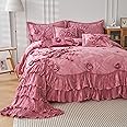 Tache Home Fashion BM1227-Q Elegant Satin Lace Cascading Ruffles Floral Embellished Victorian Rose Pink Bedding Royal Princess Dreams Ruffled Comforter Set, 6 Pieces, Queen
