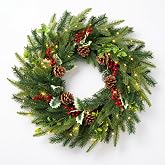 Pre-Lit Christmas Wreath for Front Door, 20In LED Artificial Wreath, Timer | Battery Operated Christmas Wreaths with Lights, Pine Cones and Berries, for Farmhouse Mantel Wall Window, Holiday Home Decor