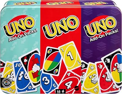 Mattel UNO Card Game with 2 Add-On Packs in Collectible Tin