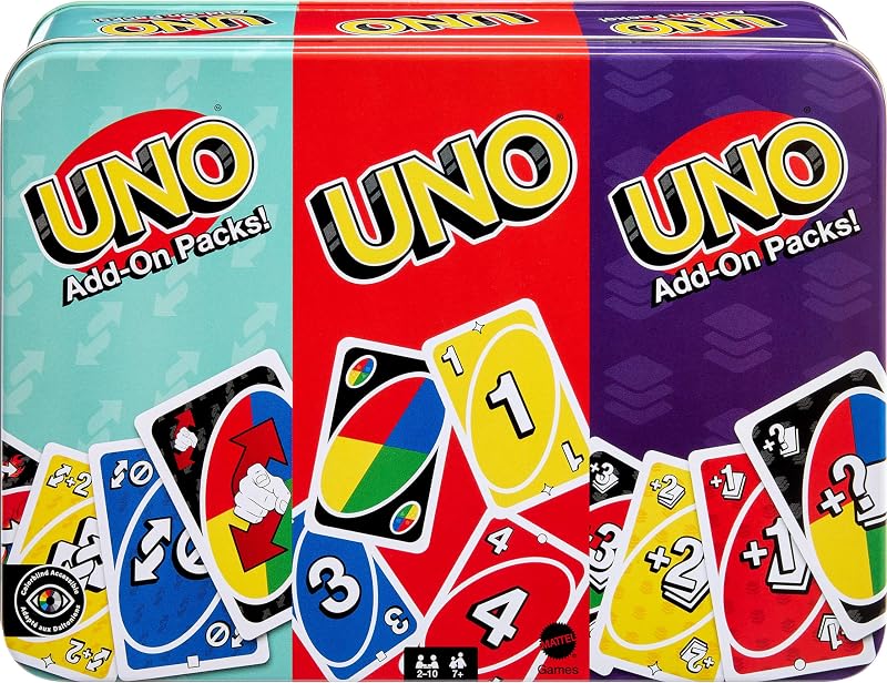 Mattel UNO Card Game with 2 Add-On Packs in Collectible Tin