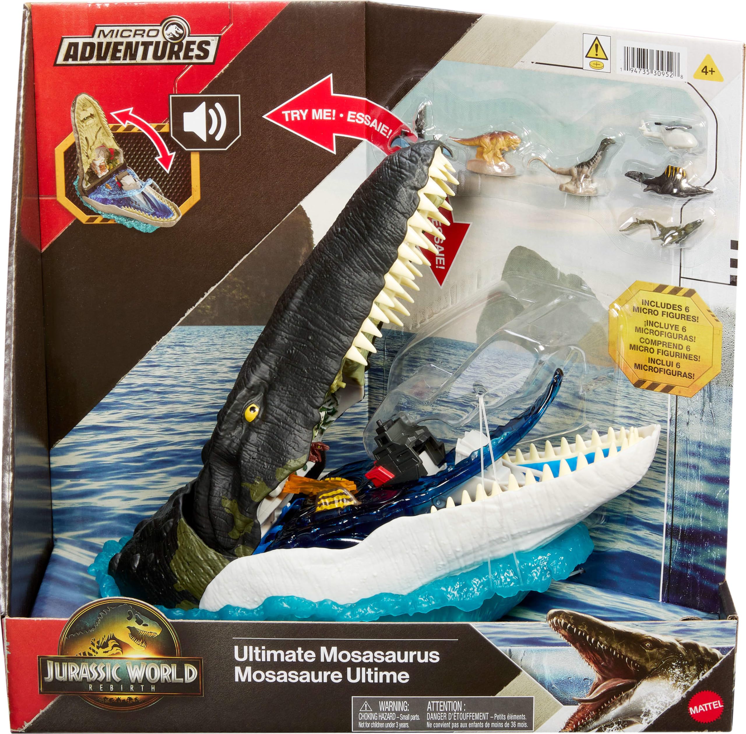 Mattel Jurassic World Jurassic World Rebirth Deluxe Mosasaurus Playset with 7 Interactive Features, 7 Sound Effects & 6 Micro Figures, Folds Up to Carry & Store
