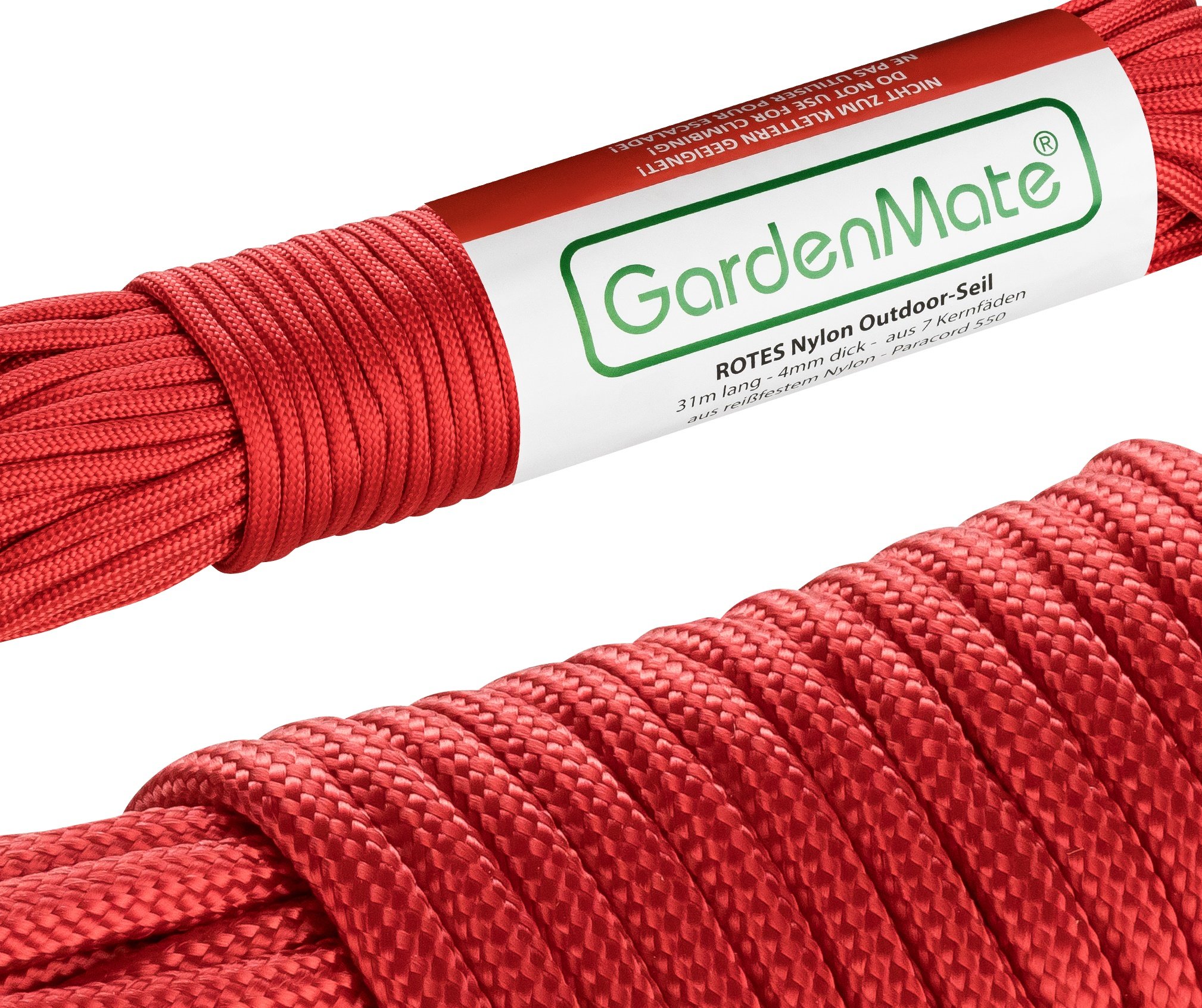 GardenMate Professional Nylon Outdoor Rope, Paracord 550, 31m Long, 4mm Thick, Tear-Resistant Kernmantle Rope with 7 Core Strands, Red