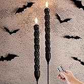 Girimax Black Skull Halloween Flameless Taper Candles with Remote, Flickering Spooky LED Wax Candlesticks Battery Operated, Set of 2