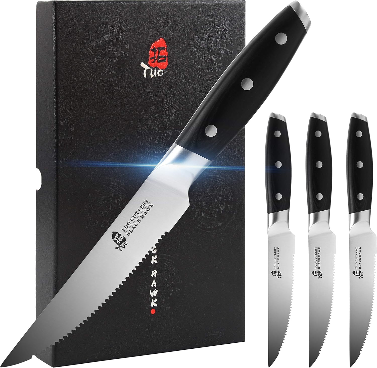 TUO Serrated Steak Knife - 5 inch Professional Kitchen Steak Knife Set 4 - Table Dinner Knife - German HC Stainless Steel Non Slip Pakkawood Handle - BLACK HAWK SERIES Including Gift Box: Kitchen & Dining
