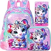 ZLYERT 16" Tiger Backpack for Girls, 3Pcs Kids School Backpacks with Lunch Box, Bookbag for Elementary Preschool Kindergarten(Pink)
