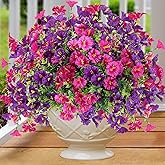 Artificial Flowers for Outdoors 12 Bundles Realistic Faux Plants UV Resistant Fake Silk Morning Glory with Eucalyptus for Front Door Planter Patio Porch Spring Summer Decoration (2 Mixed Color)