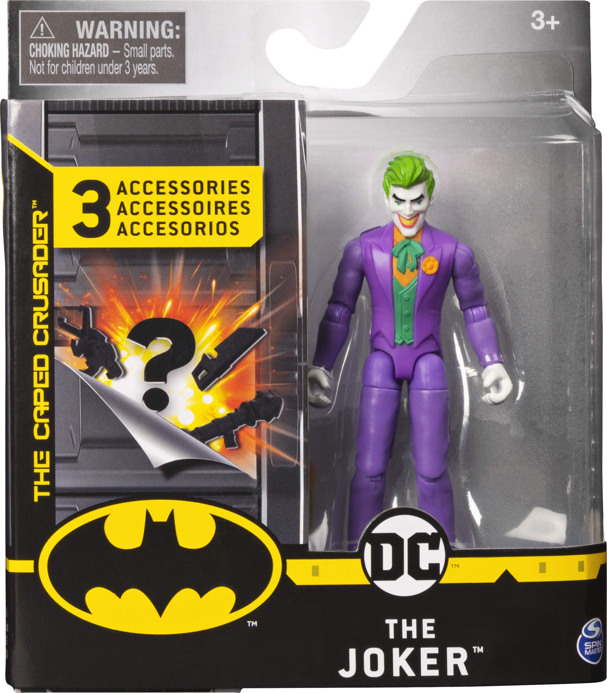 DC BATMAN, 4-Inch THE JOKER Action Figure with 3 Mystery Accessories, Mission 1