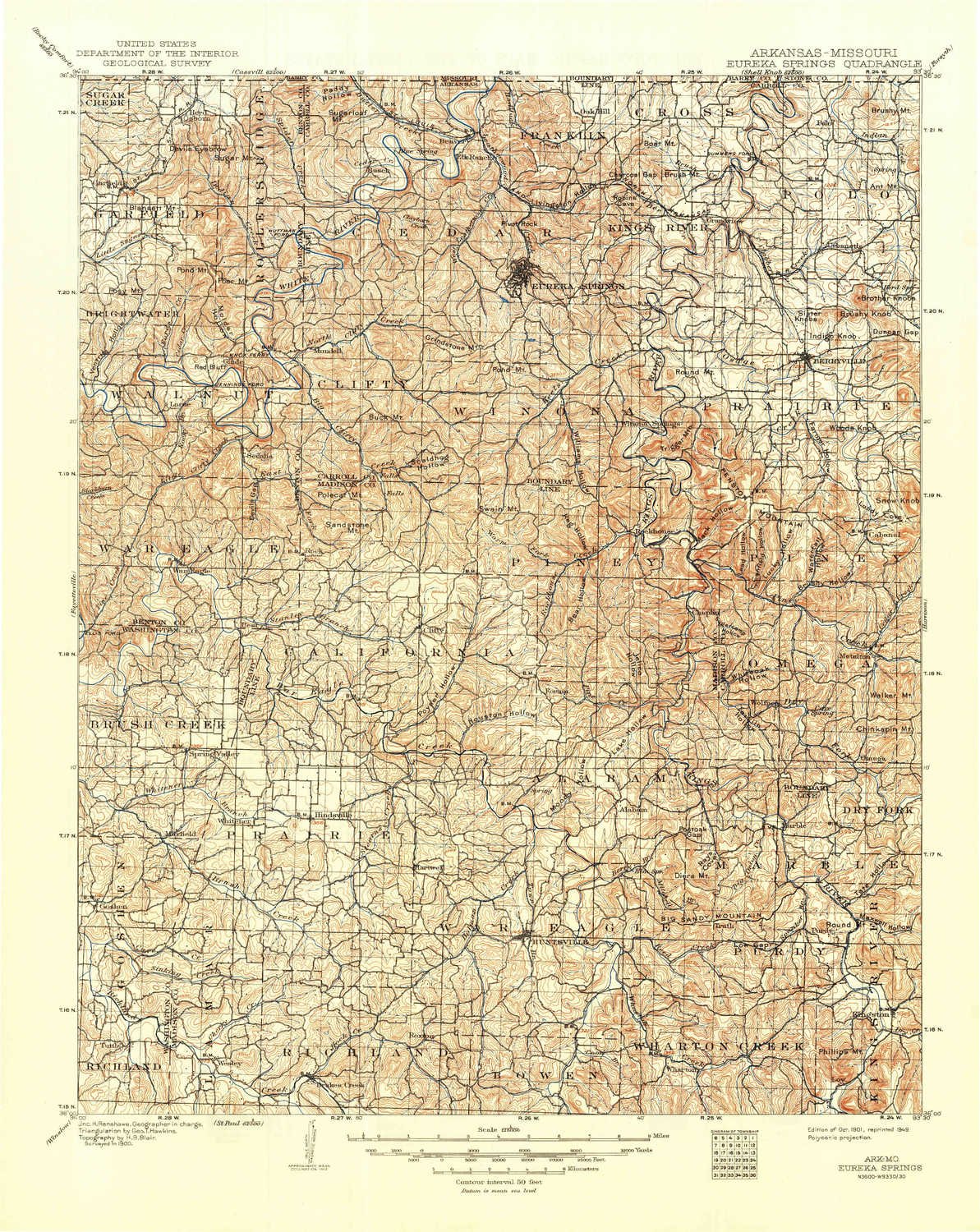 YellowMaps Eureka Springs AR topo map, 1:125000 Scale, 30 X 30 Minute, Historical, 1901, Updated 1949, 20.7 x 16.5 in