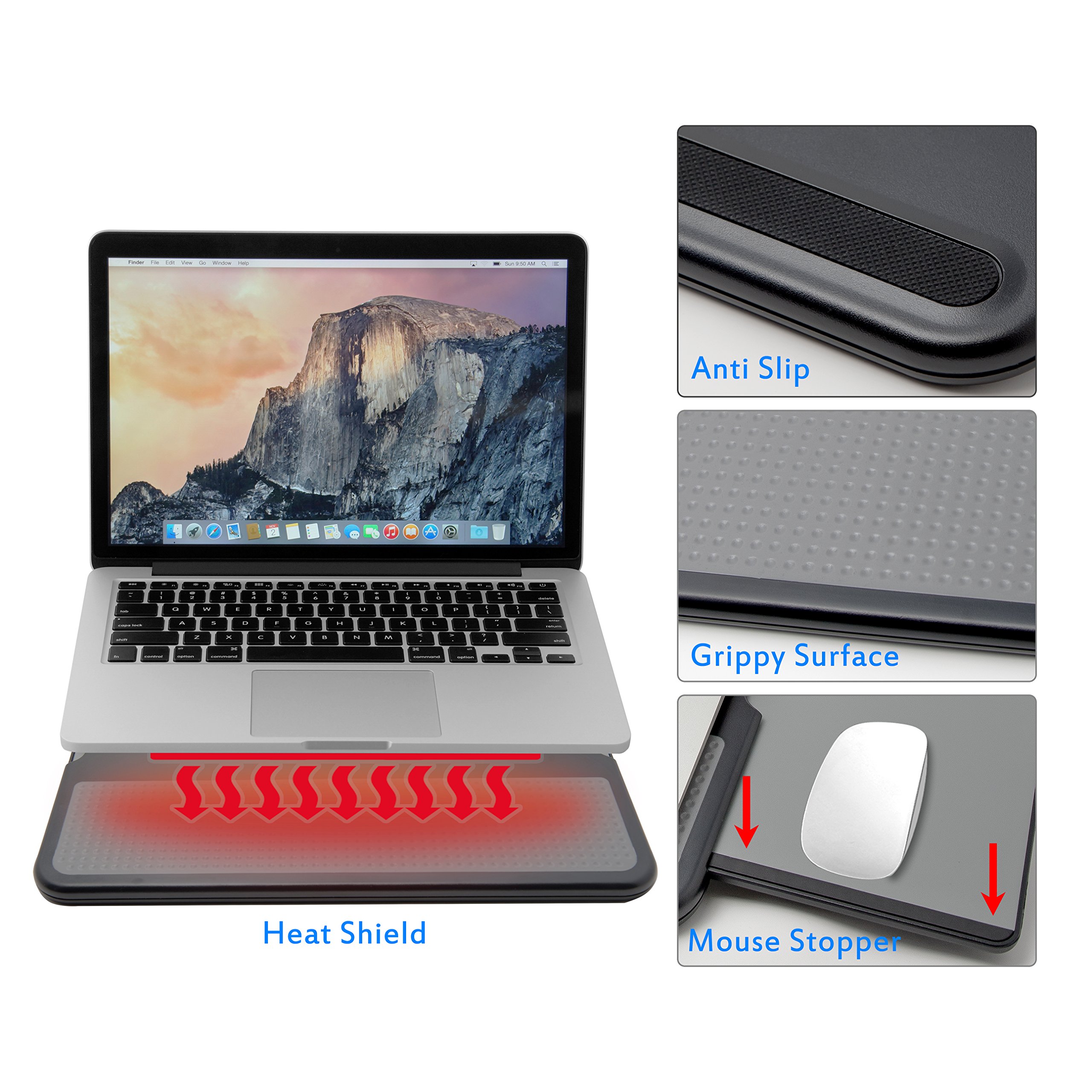 MAX SMART Lap Desk - Lap Tray Stand w Mouse Tray Mouse Pad, Anti-Slip Heat Shield, Cooler Working Surface as Table Computer Stand in Bed Sofa Recliner Couch, Laptop Accessory Black/Gray